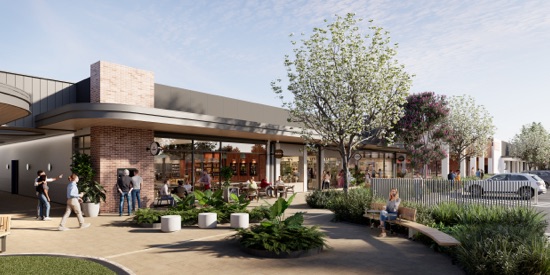 An artist\'s impression of The Palms Shopping Village, showing shoppers relaxing among lush greenery and outdoor seating outside brick-and-glass storefronts on a sunny day.