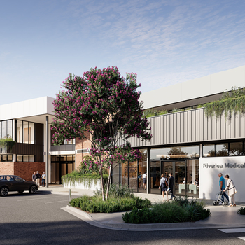 An architectural render of The Palms Shopping Village entrance featuring a modern facade with a flowering tree, lush landscaping, and a medical centre tenancy.