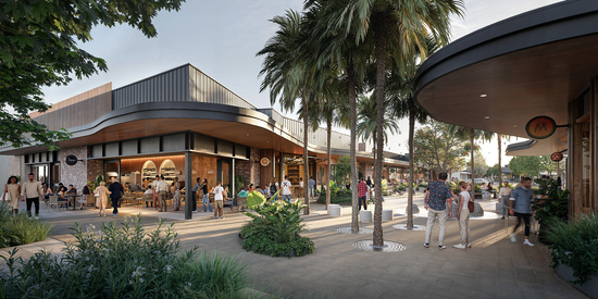 An architectural render of The Palms Shopping Village outdoor dining precinct featuring palm trees, lush landscaping, and bustling cafe and retail tenancies at dusk.