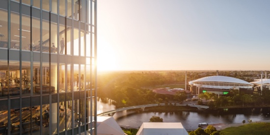 A view from Festival Tower overlooking the public plaza and Adelaide Oval in the distance.