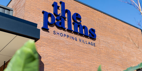 The Palms Shopping Village sign in blue lettering on a brick building exterior, viewed from below against a clear blue sky with green foliage in the foreground.
